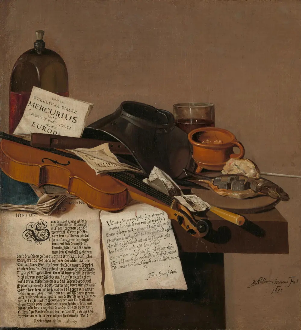 Still Life with a Copy of De Waere Mercurius, a Broadsheet with the News of Tromp's Victory over three English Ships on 28 June 1639, and a Poem telling the story of Apelles and the Cobbler — Anthonius Leemans
